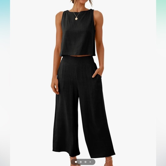 ANRABESS Summer 2 Piece Outfits Sleeveless Crop Top Black Wide Leg Pants Linen M - Picture 6 of 14